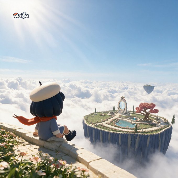 A small anime-style character wearing a beret sits on a stone wall overlooking clouds, gazing at a floating island with gardens and a mirror, while another floating island hovers nearby under a bright sky. The "waifu" logo appears in the top left, tying into the post's announcement of the $WAIFU token's rapid growth, with the serene sky-high setting symbolizing the welcoming, "home on the islands" atmosphere for new users.