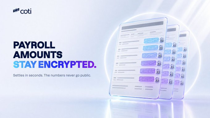 A promotional graphic for "coti" featuring the text "PAYROLL AMOUNTS STAY ENCRYPTED. Settles in seconds. The numbers never go public." alongside an illustration of stylized, stacked digital documents.