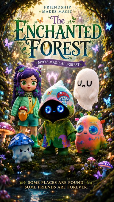 A movie poster titled 'The Enchanted Forest' with the tagline 'FRIENDSHIP MAKES MAGIC' and 'MYO'S MAGICAL FOREST' shows colorful animated characters, concluding with 'SOME PLACES ARE FOUND. SOME FRIENDS ARE FOREVER.'