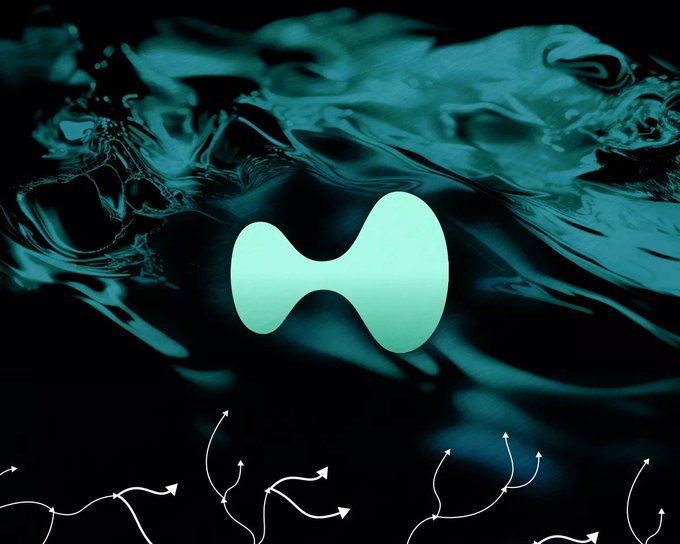 Abstract digital artwork featuring a glowing teal figure-eight or infinity-like symbol floating above a swirling dark teal liquid surface with small white directional arrows.
