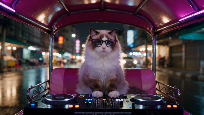 A fluffy cat wearing blue-rimmed glasses stands behind a DJ mixing board, appearing to operate the turntables inside a pink tuk-tuk at night.