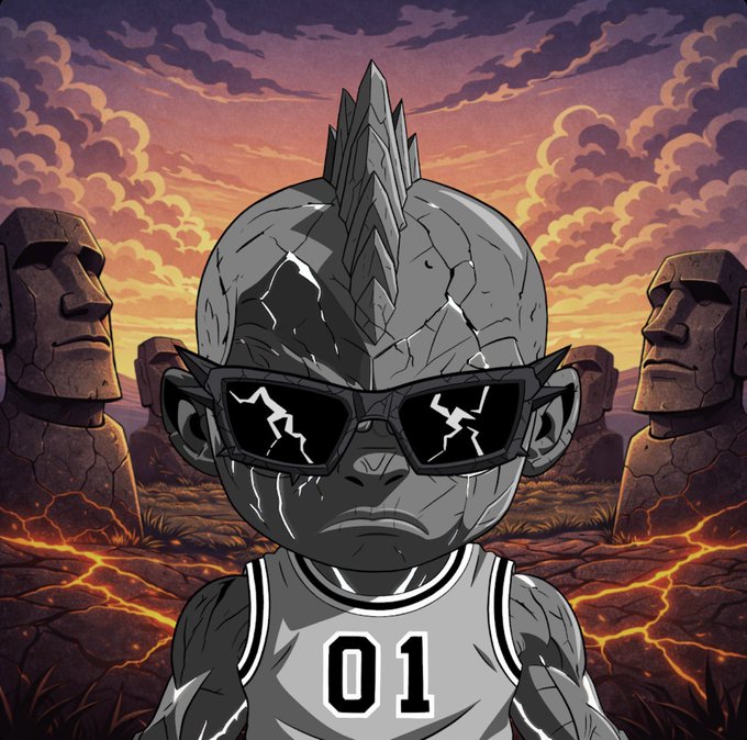 An illustrated image of a gray, rocky creature with a mohawk wearing cracked sunglasses and a jersey with the number 01, standing before Moai-like stone heads on a cracked lava landscape at sunset.