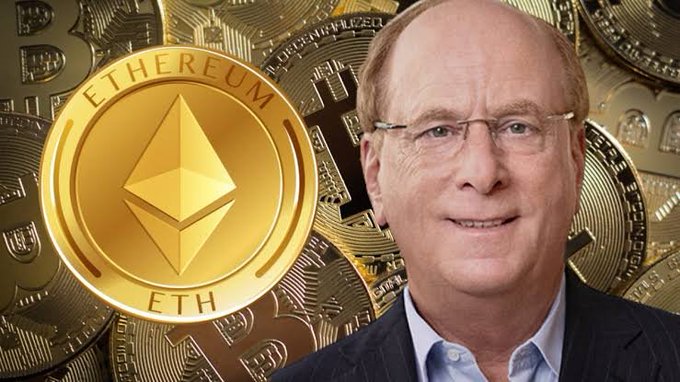 A smiling man in glasses and a blue suit stands beside a large golden Ethereum (ETH) coin, surrounded by a backdrop of Bitcoin tokens, visually reinforcing the post's point about BlackRock's nearly $900 million institutional accumulation across both BTC and ETH.