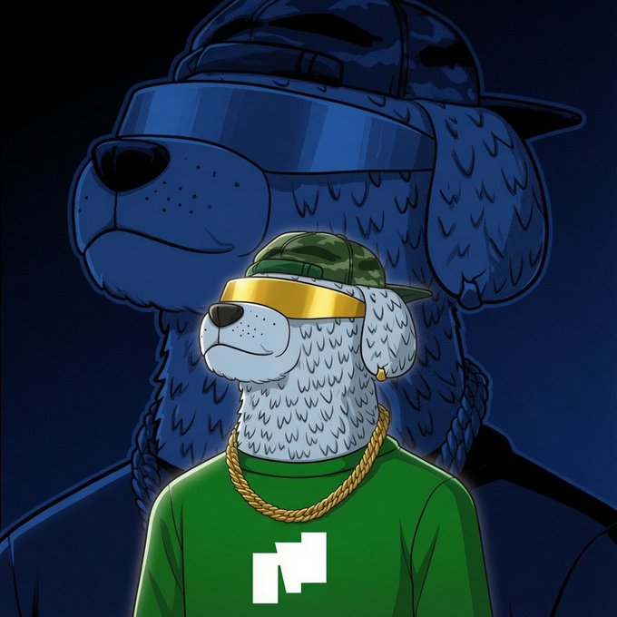 A cartoon dog character with a green camo cap, gold visor, and gold chain necklace stands in front of a larger blue-toned silhouette of the same character wearing a backward cap and sunglasses. The green t-shirt features the NFA logo, visually aligning with the post's theme of sharing fresh crypto alpha on a newly launched project.