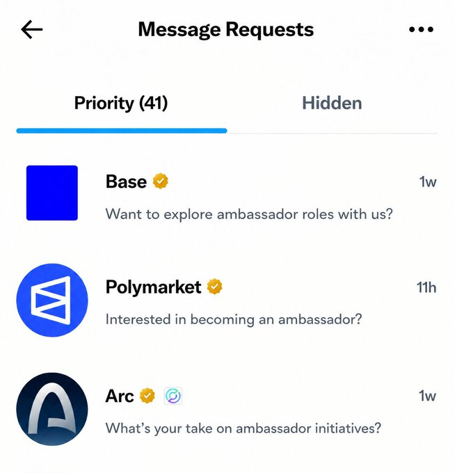 The image shows a phone screen displaying three different messages, each with a different logo or icon. The first message has an "A" logo, the second one has a blue square logo, and the third one has a yellow circle logo. These messages are related to a project called "base", which is about exploring roles with us. The post also asks if you're joining the project of interest in becoming an ambassador for it.
