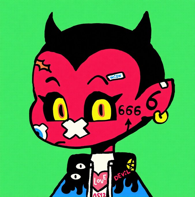 A cartoon red devil character with black horns and yellow eyes features tattoos and stickers reading "WISN," "666," "LOVE," "AS!2," and "DEVIL," along with a pentagram and an X over its mouth. The post playfully uses this edgy yet cute mascot to promote a "cute" crypto/NFT project called MIU, promising guaranteed spots for 100 participants who engage with the giveaway.