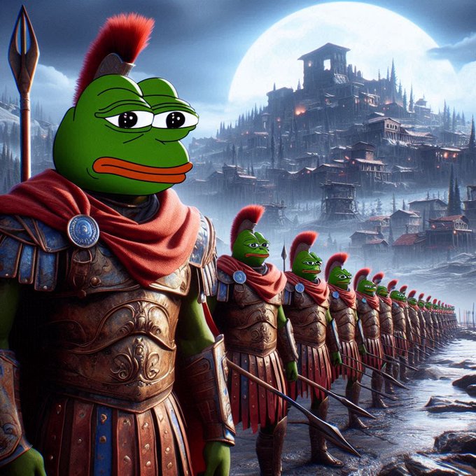 A line of Pepe the Frog warriors in ornate Roman-style armor and red-plumed helmets stand at attention with spears, gazing toward a grand fortress beneath a full moon, embodying the rallying cry "Hold the line! $PEPE" with their resolute formation.