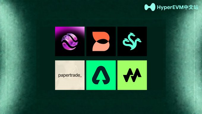 A graphic from HyperEVM中文站 features six colorful logo tiles, including one labeled 'papertrade_', arranged on a dark textured background.