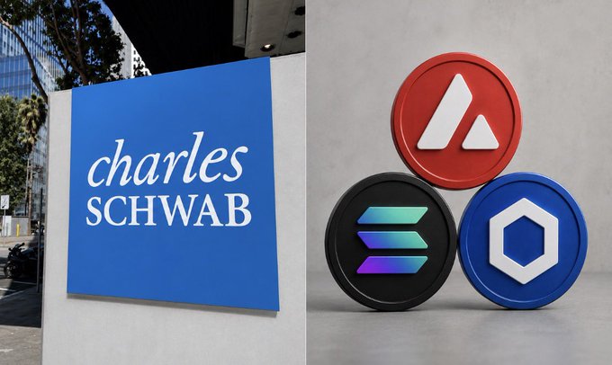 A split image showing the Charles Schwab logo on a blue sign outside an office on the left, and physical representations of three cryptocurrencies—Avalanche (AVAX), Solana (SOL), and Chainlink (LINK)—on the right.
