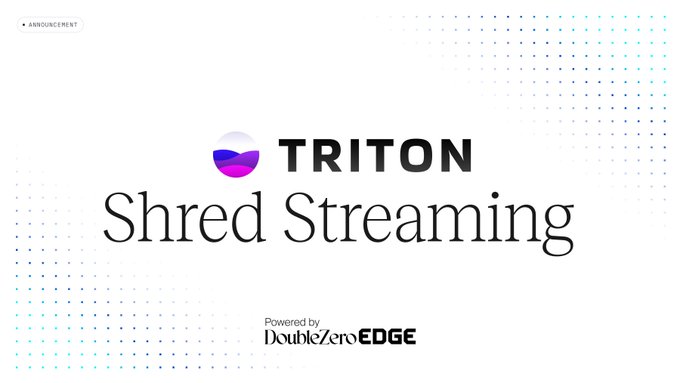 The image is an announcement banner for Triton One's "Shred Streaming," powered by DoubleZero Edge, featuring the Triton logo and a decorative dot-pattern background. It visually promotes the new Shred Streaming service highlighted in the post about DoubleZero's low-latency data delivery for Solana.