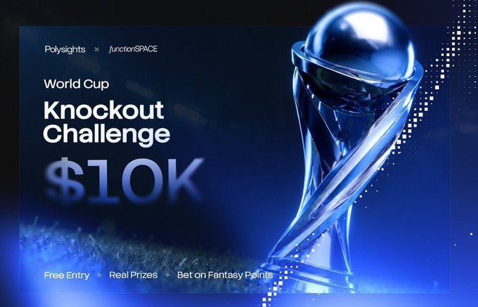 A promotional graphic featuring a silver trophy against a blue stadium backdrop, advertising the "Polysights × functionSPACE World Cup Knockout Challenge" with a "$10K" prize pool, "Free Entry," "Real Prizes," and "Bet on Fantasy Points" listed as key features, directly matching the announcement details.