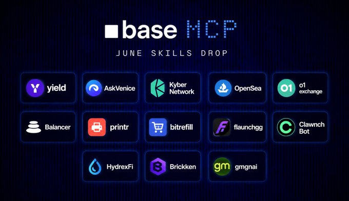 The image showcases the "Base MCP June Skills Drop," featuring a grid of partner platform logos including Yield, AskVenice, Kyber Network, OpenSea, 01 exchange, Balancer, printr, bitrefill, flaunchgg, Clawnch Bot, HydrexFi, Brickken, and gmgnai—highlighting the diverse apps and services available through Base's MCP gateway for AI agents.