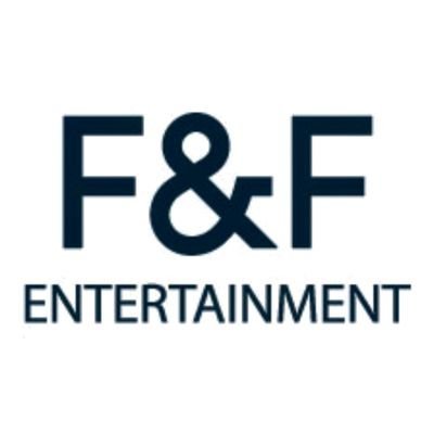 The image displays the F&F Entertainment logo, featuring bold dark navy "F&F" lettering above the word "ENTERTAINMENT." It appears as the brand being tagged in a social media post demanding contract updates from F&F Entertainment regarding the K-pop group UNIS.