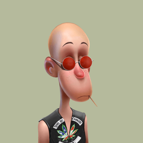 A 3D-rendered portrait of a bald, cartoonish character with an exaggerated chin, wearing red round sunglasses, a leather vest, and smoking a cigarette against a plain green background.