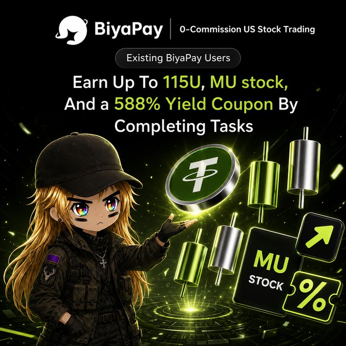 A promotional advertisement for BiyaPay offering '0-Commission US Stock Trading' with a task to 'Earn Up To 115U, MU stock, And a 588% Yield Coupon By Completing Tasks,' featuring an anime-style character with blonde hair and Tether/MU stock graphics.