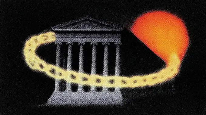 A classical pillar building, representing the New York Stock Exchange, is wrapped by a glowing blockchain chain leading to a bright red-orange orb, symbolizing the exchange's transition into onchain tokenized finance.