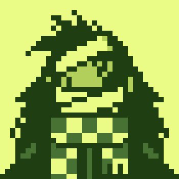 A pixel art style image showing a hooded figure in dark green robes holding what appears to be a checkered box, set against a light olive background.