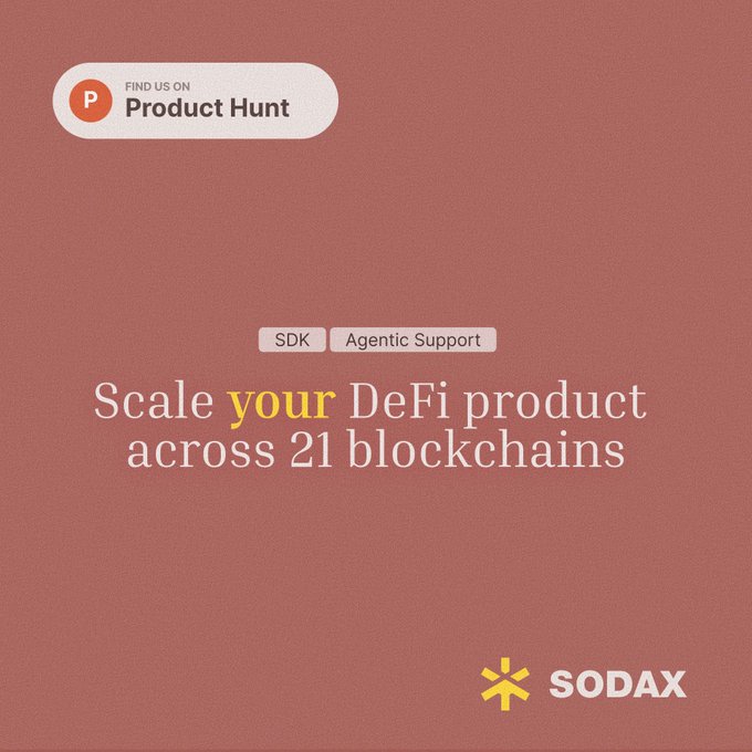 A Product Hunt promotional card for SODAX reading "SDK | Agentic Support" and "Scale your DeFi product across 21 blockchains."