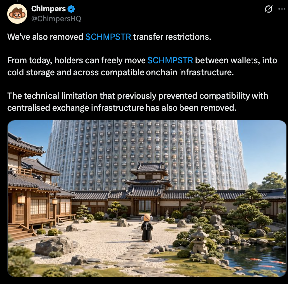 A tweet from Chimpers (@ChimpersHQ) announcing the removal of $CHMPSTR transfer restrictions, accompanied by an image of a Japanese-style courtyard with a modern building backdrop.