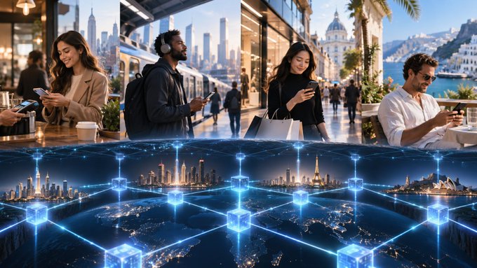 A composite image showing four people using smartphones in different city settings (NYC, train station, shopping, coastal resort) above a global network visualization connecting major world cities with glowing blue cube nodes.