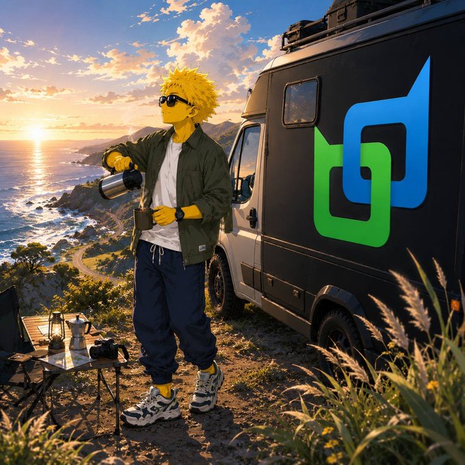 A 3D-rendered character with yellow skin and spiky hair pours coffee while standing next to a black van displaying a blue and green logo, set against a scenic coastal sunset.