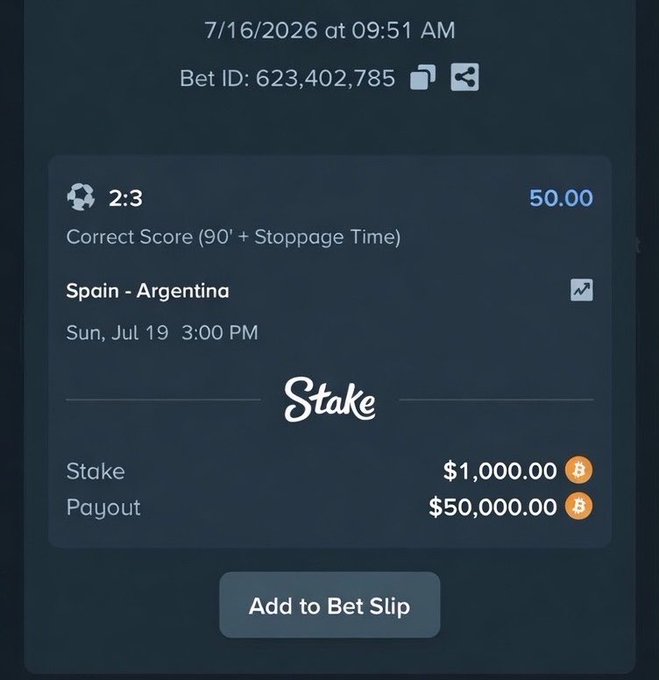 A Stake betting slip shows a $1,000 wager on Spain vs Argentina (2:3) for July 19, with potential payout of $50,000 and bet ID 623,402,785.