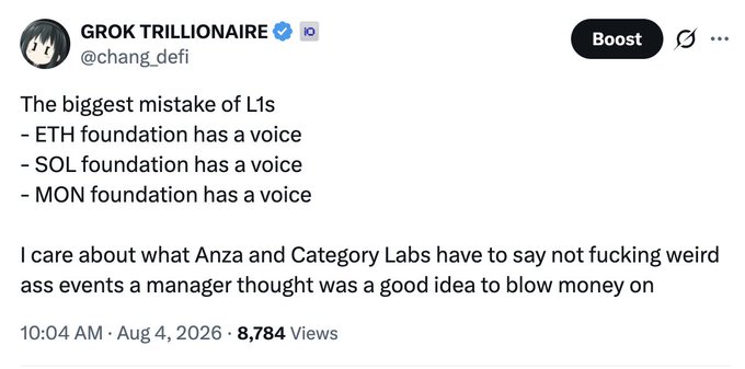 A tweet by @chang_defi titled "GROK TRILLIONAIRE" lists the biggest mistake of L1s, noting ETH, SOL, and MON foundations all have a voice, while criticizing spending on "weird ass events" versus listening to Anza and Category Labs.