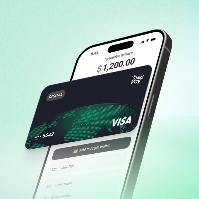 A smartphone displays a digital Visa card from MiniPay with a spendable balance of $1,200.00, offering an option to add it to Apple Wallet.