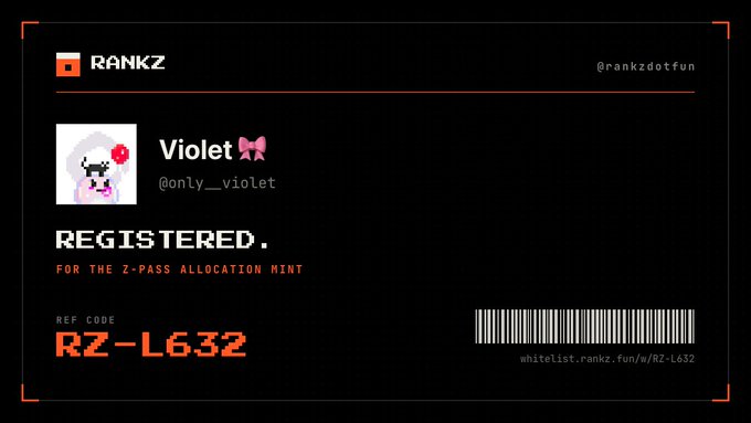 A sleek black registration card from RANKZ (@rankzdotfun) displays a pixelated lamb avatar for user "Violet" (@only__violet) with a pink bow, confirming registration for the Z-Pass allocation mint with referral code "RZ-L632" alongside a matching barcode and whitelist link. The design matches the post's message sharing the referral link to help both users secure tickets for the free z-pass mint.