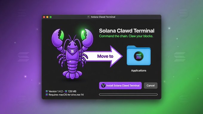 An installation window for "Solana Clawd Terminal" displays a purple lobster mascot with the tagline "Command the chain. Claw your blocks," prompting users to drag the app to the Applications folder, while noting Version 1.4.2 at 128 MB requires macOS 14 or later. The image ties to the post's call to action about marketing the lobster-themed @clawddevs project to fund the next generation of Solana AI.