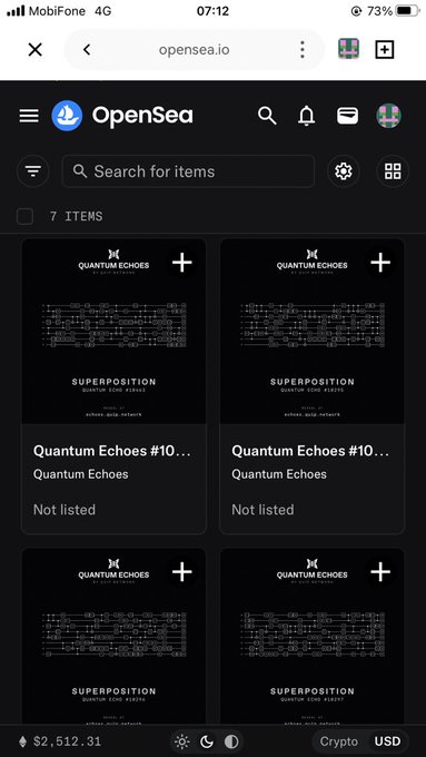 A mobile screenshot of the OpenSea NFT marketplace displaying multiple 'Quantum Echoes' items from the 'SUPERPOSITION' collection, all marked as 'Not listed', with a portfolio value of $2,512.31 shown at the bottom.
