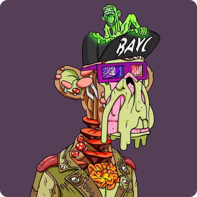 A cartoon-style illustration of a green, decaying zombie-like character wearing 3D glasses and a 'BAYC' (Bored Ape Yacht Club) cap, with a smaller green ape figure perched on top.