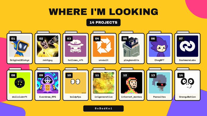 A gallery showcase titled 'WHERE I'M LOOKING' displaying 14 NFT project thumbnails including OriginalBlokuz, rektguy, hollows_nft, unvault, playbondits, and ChogMFT, credited to '0xBadKoi'.