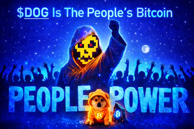 A digital illustration of a hooded figure with a pixelated dog face in shades of yellow and red, raising a fist over a cheering crowd, with the text "$DOG Is The People's Bitcoin" and "PEOPLE POWER" above and below, respectively.