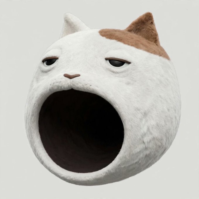 A round, fuzzy white and brown cat-shaped object with a wide-open black mouth rests on a white surface, resembling a plush toy or 3D model.