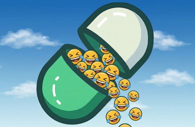A cartoon illustration of an open green-and-white pill capsule spilling out laughing-emoji faced yellow pills against a blue sky with clouds.