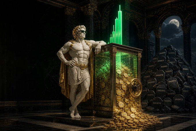 A Roman-style statue stands beside a glass chamber overflowing with gold coins and glowing green crypto bars, while black rocks marked “SHORTS” rise nearby. The imagery symbolizes the $BONER vision of merging digital technology, community-driven value, and new Web3 possibilities.