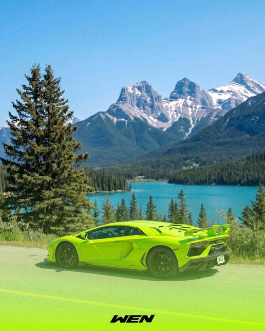 A neon green Lamborghini Aventador is parked on a road overlooking a turquoise alpine lake and snow-capped mountains, with "WEN" styled at the bottom. The image embodies the post's message—pairing financial market uncertainty with the timeless aspirational "Wen Lambo" meme, suggesting that while markets fluctuate, the dream of luxury and success endures.