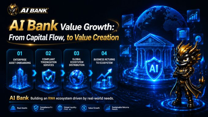A promotional graphic for "AI Bank" titled "AI Bank Value Growth: From Capital Flow, to Value Creation," featuring a four-step process (Enterprise Asset Onboarding, Compliant Tokenization Services, Global Ecosystem Distribution, Business Returns to Ecosystem) and a character in black and gold armor.