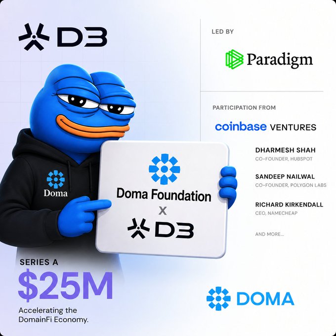 A promotional graphic announcing Doma Foundation x D3 Series A $25M funding round led by Paradigm, with participation from Coinbase Ventures and notable co-founders.