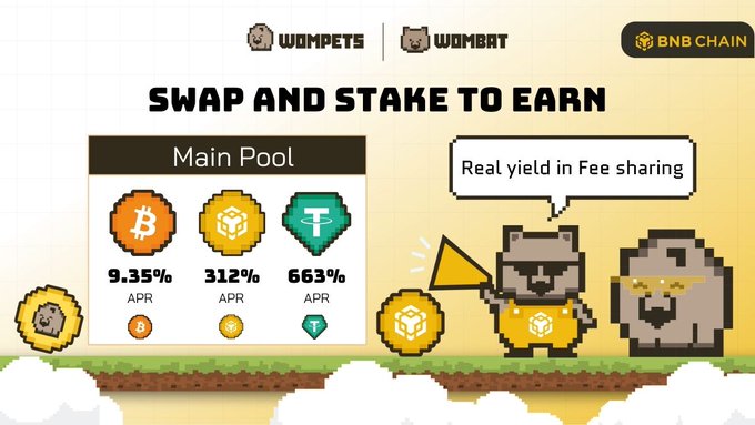 The image features a cartoon bear wearing sunglasses, holding a yellow flag that says "swap and stake to earn" along with a cartoon cat holding a gold coin. The background of the image shows a cartoon scene with a cartoon dog and a cartoon pig. In the bottom right corner of the image, there is text that reads "A 3-digit APR looks like 2021 DeFi summer with vaporware token emissions That' s not the case on Wombat" and "A single-sided Main Pool on @BNBCHAIN is eating swap fees from $87k of daily volume with just $2k TVL. LPs split the swap fees from every trade routed".