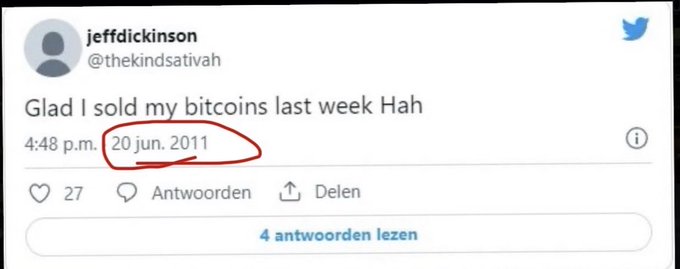 A tweet from user @thekindsativah (Jeff Dickinson) dated June 20, 2011, reads "Glad I sold my bitcoins last week Hah," with the date circled in red—referencing the regretful early sale of Bitcoin when it was valued at around $17 per coin.