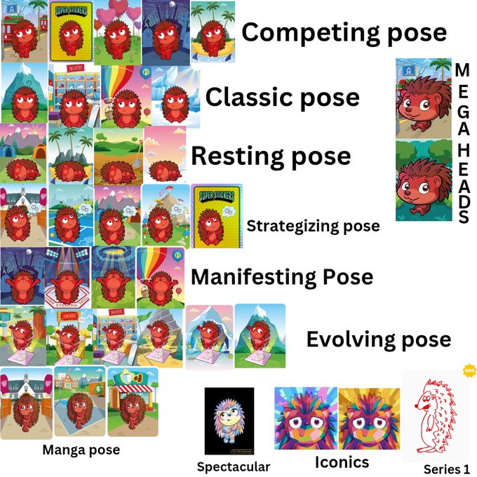 A collection chart showcasing various Veefriends Series 1 stickers featuring "Hedgehog" character in different poses—including Competing, Classic, Resting, Strategizing, Manifesting, Evolving, and Manga poses—alongside special Spectacular, Iconics, and Mega Heads variants, corresponding to the massive VeeFriends collection mentioned in the post.