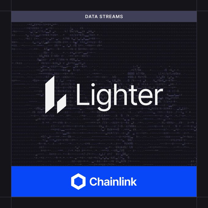 A Chainlink graphic showing the 'Lighter' logo with 'DATA STREAMS' at the top and the Chainlink logo on a blue banner at the bottom.