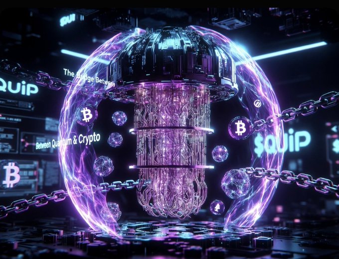 The image features a large, futuristic-looking machine with purple lights and a chain around its neck. The machine has multiple levels and seems to be connected to a network or system. The text "quip" appears several times throughout the image, suggesting that this is related to the Quip network. Additionally, there are mentions of Bitcoin and blockchain technology in the post, which further supports the idea that the machine could be part of a larger technological project involving these concepts.

The main focus of the image is on the machine with its purple lights and chain around it, while other elements like the text "quip" and "bitcoin" are present to provide context or background information about the subject matter.