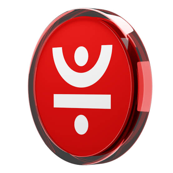 A 3D rendered red emergency alert button featuring a stylized alarm or warning icon in white.