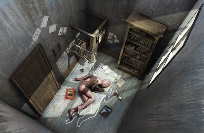 The image features a person lying down on their back, with a book next to them. The room appears to be a small, enclosed space, possibly resembling an old library or a basement. There are several books scattered around the room, indicating that this might be a place where people gather for reading and studying.