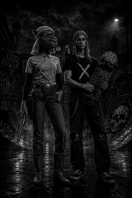 A dark, stylized black and white image of two figures in a skate park at night, one holding a revolver and the other holding a skateboard with skull imagery.