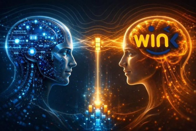A digital artwork showing two AI figures facing each other—one blue robotic head and one orange human-like head—connected by a glowing data stream, with the WINK token logo displayed in the corner.