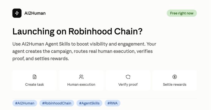 A promotional graphic for AI2Human's Agent Skills service, highlighting a "Launching on Robinhood Chain?" campaign with four workflow steps: Create task, Human execution, Verify proof, and Settle rewards. The image reinforces the post's message by visually breaking down how the automated agent handles each stage of campaign management for tokenized projects.